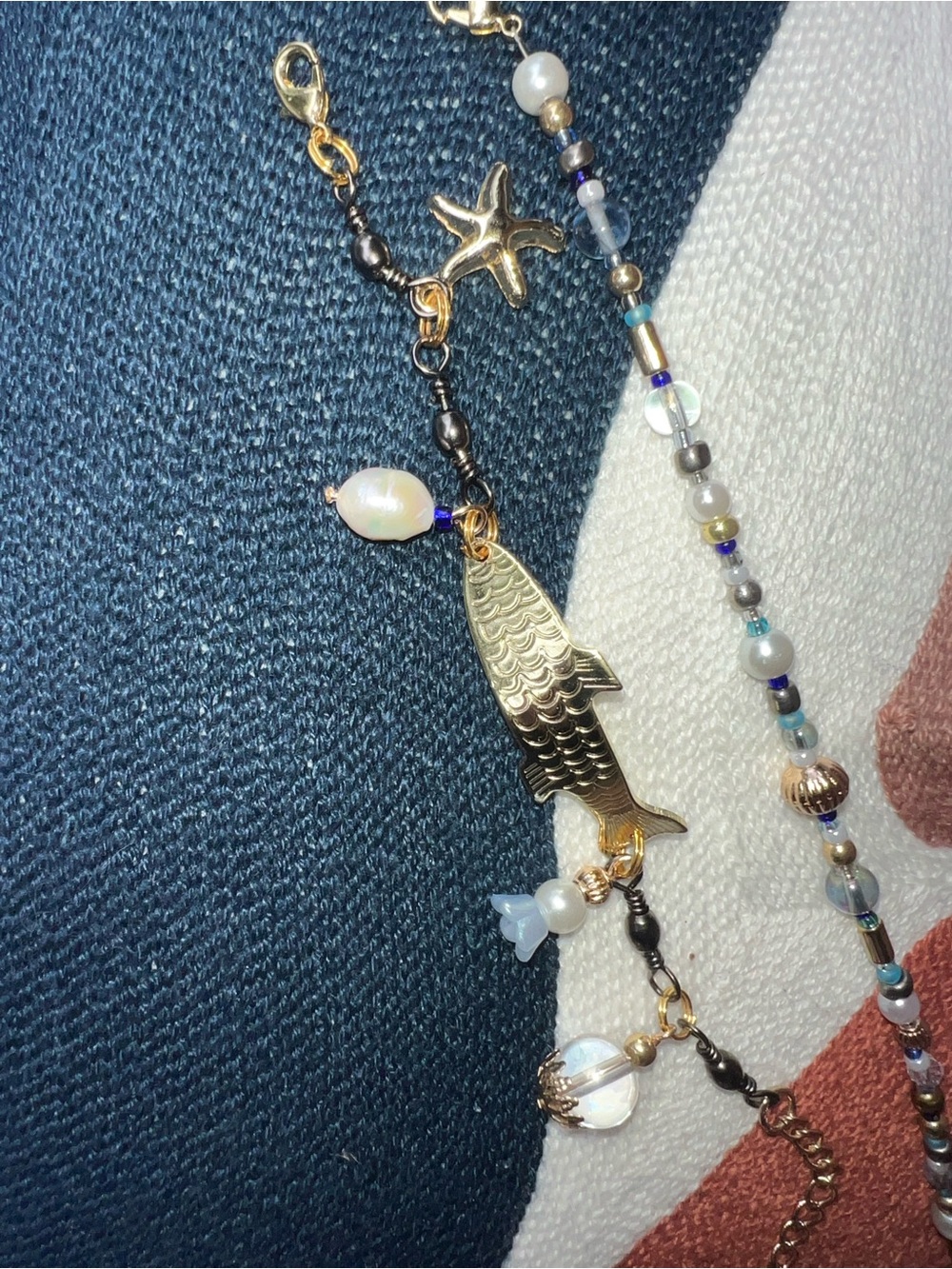 Gold Fish Charm Beaded Bracelet with Pearls and Accent Bracelet